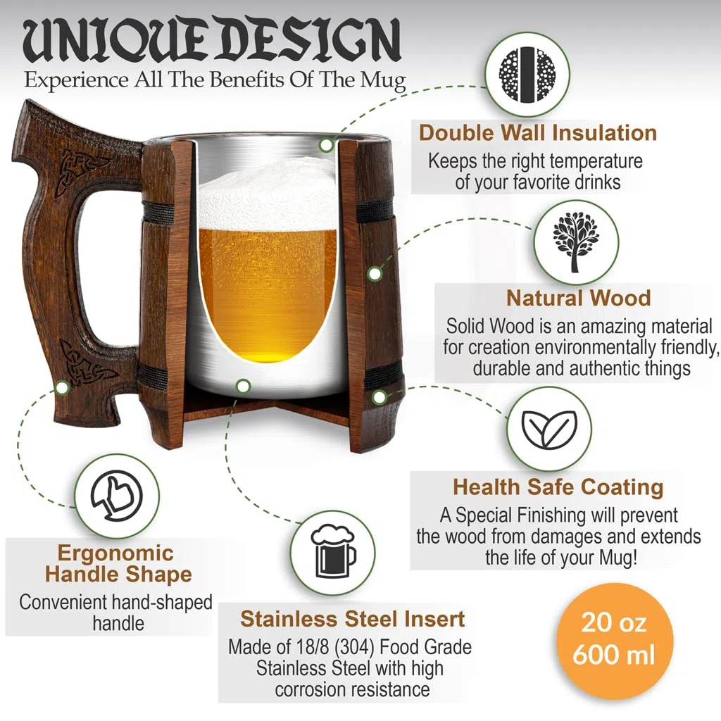 Teslyar 0.6 Tazza Vichinga | Birra Viking | Regalo da Uomo per Natale | Boccale birra in legno vichingo | Regalo Uomo | Regalo Natale | Boccale vichingo | il Segno di Odino