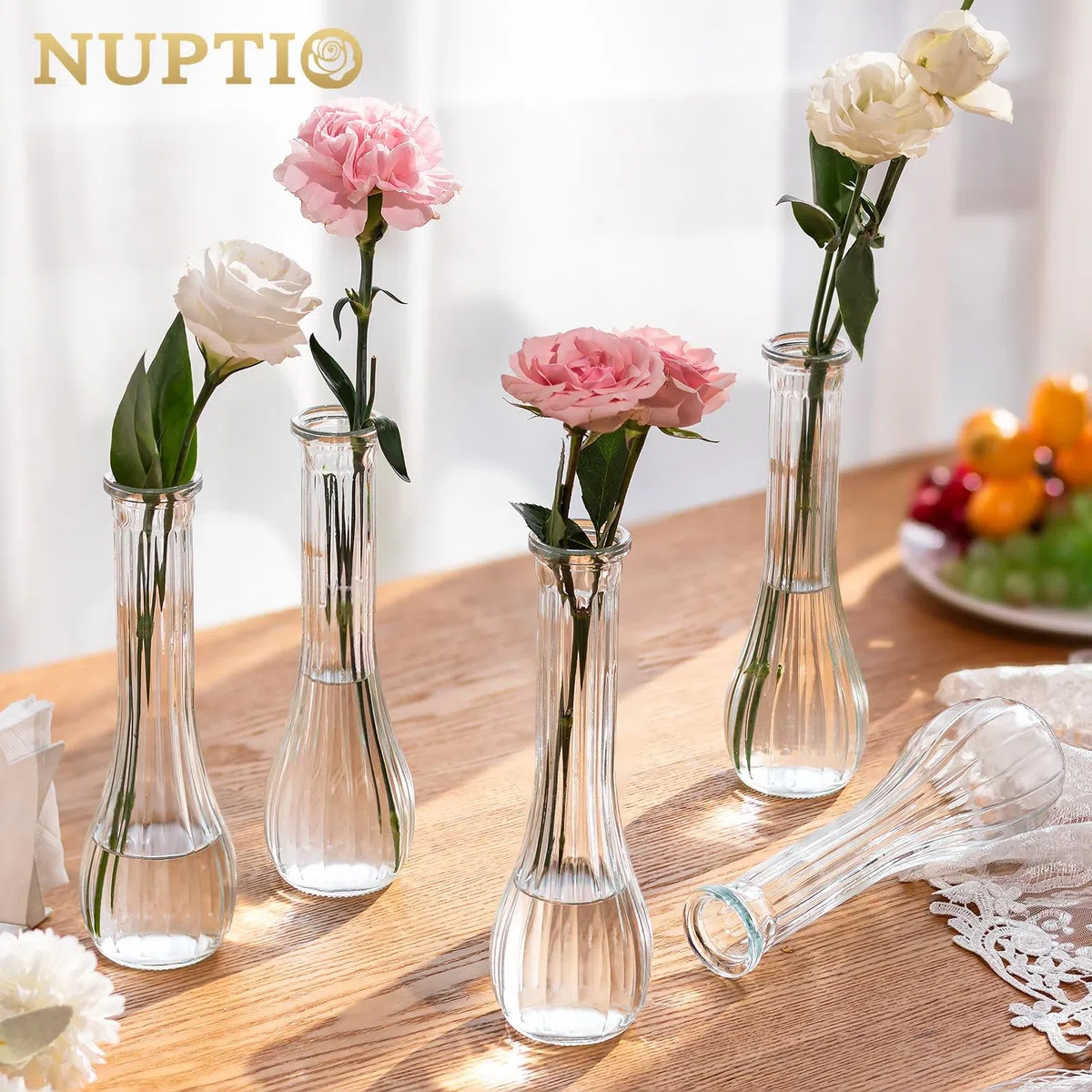 NUPTIO Piccoli Vaso Fiori Vetro: 6 Pezzi 21,7cm Vasi Trasparenti Centrotavola per Decorazioni Matrimonio - Vaso Decorativo da Interno Striato per Casa Festa Soggiorno