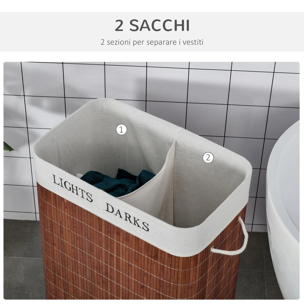HOMCOM Cesto Portabiancheria in Bambù da 100L, Cesto Portabiancheria Salvaspazio con Coperchio e Maniglie, Moderno, Sacco in Tessuto, 2 Scomparti per Panni Sporchi, Marrone