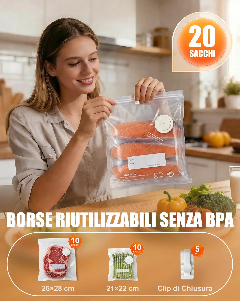 Babacom Macchina Sottovuoto Alimenti Portatile con Serbatoio Visibile, 60kPa Potente Vacuum Sealer, Sigillatura Auto e Modalità Impulso per Alimenti Delicati Sigilla Barattoli,20 Sacchi Riutilizzabili