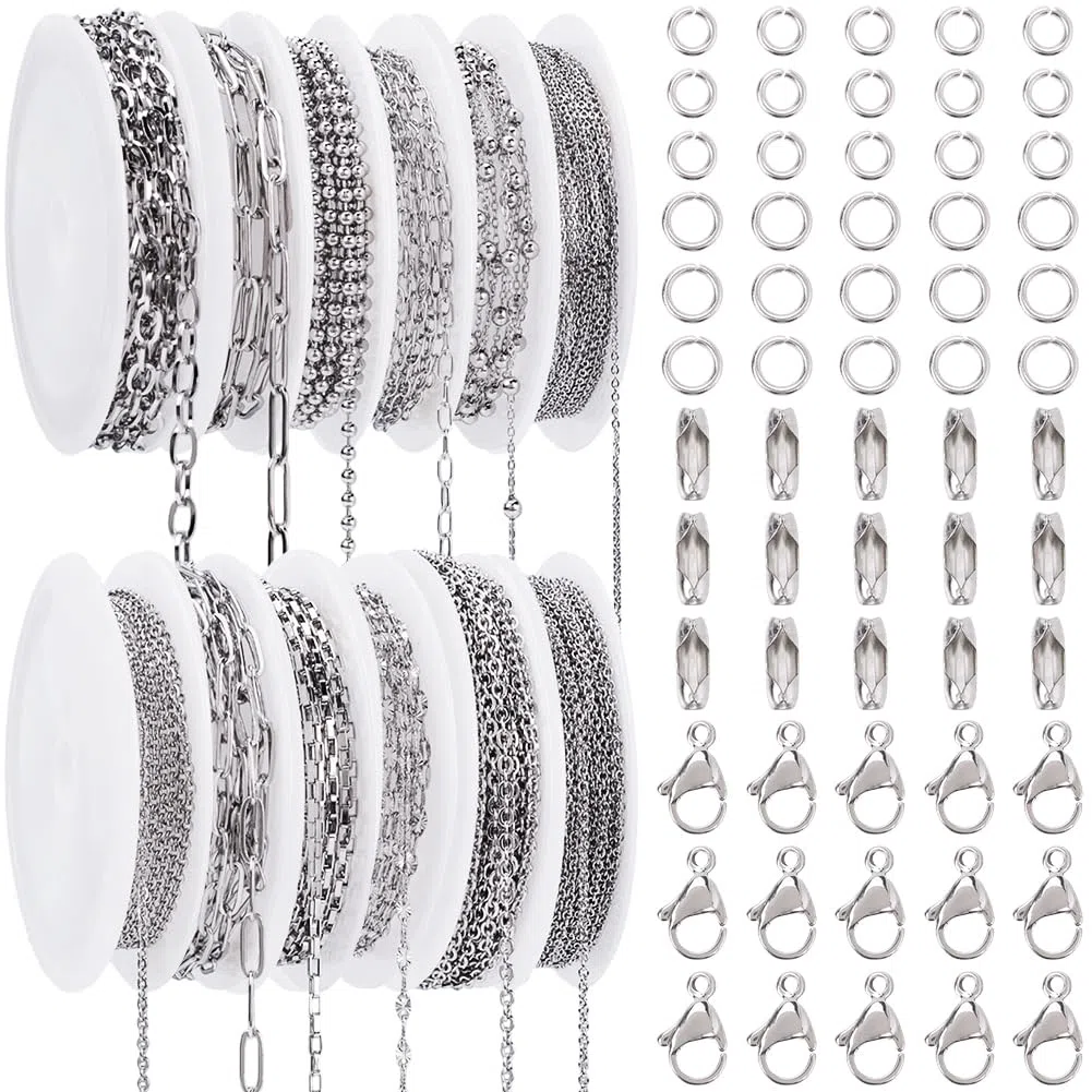 12 Rotolo 32M/105 Piedi Catena Cavo Rotolo Catena Fermacarte Argento Catena Sfusa Acciaio Inox Palla Testurizzata Fermacarte Maglia Veneziana Catene Connettore Kit per Creazione Gioielli Coll