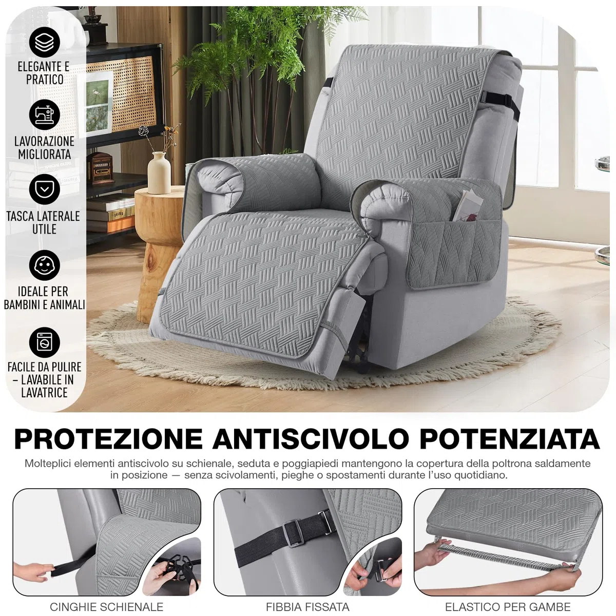 KinCam Copridivano 1 Posti Con Braccioli, Antiscivolo Tasca Copripoltrona Reclinabile, Copridivano Lavabile con Tasche Laterali e Fasce Elastiche Grigio Chiaro