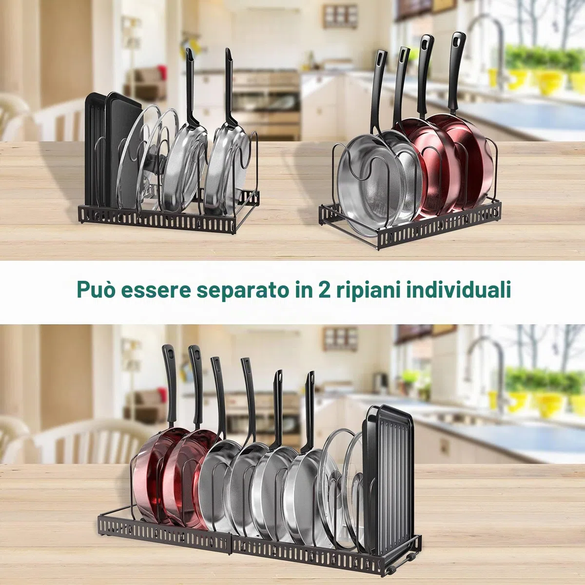 Puricon Porta Coperchi Pentole Salvaspazio in Metallo, Porta Padelle Allungabile con 10 Scomparti, Portacoperchi per Padelle, Coperchi Organizer Cucina-Bronzo