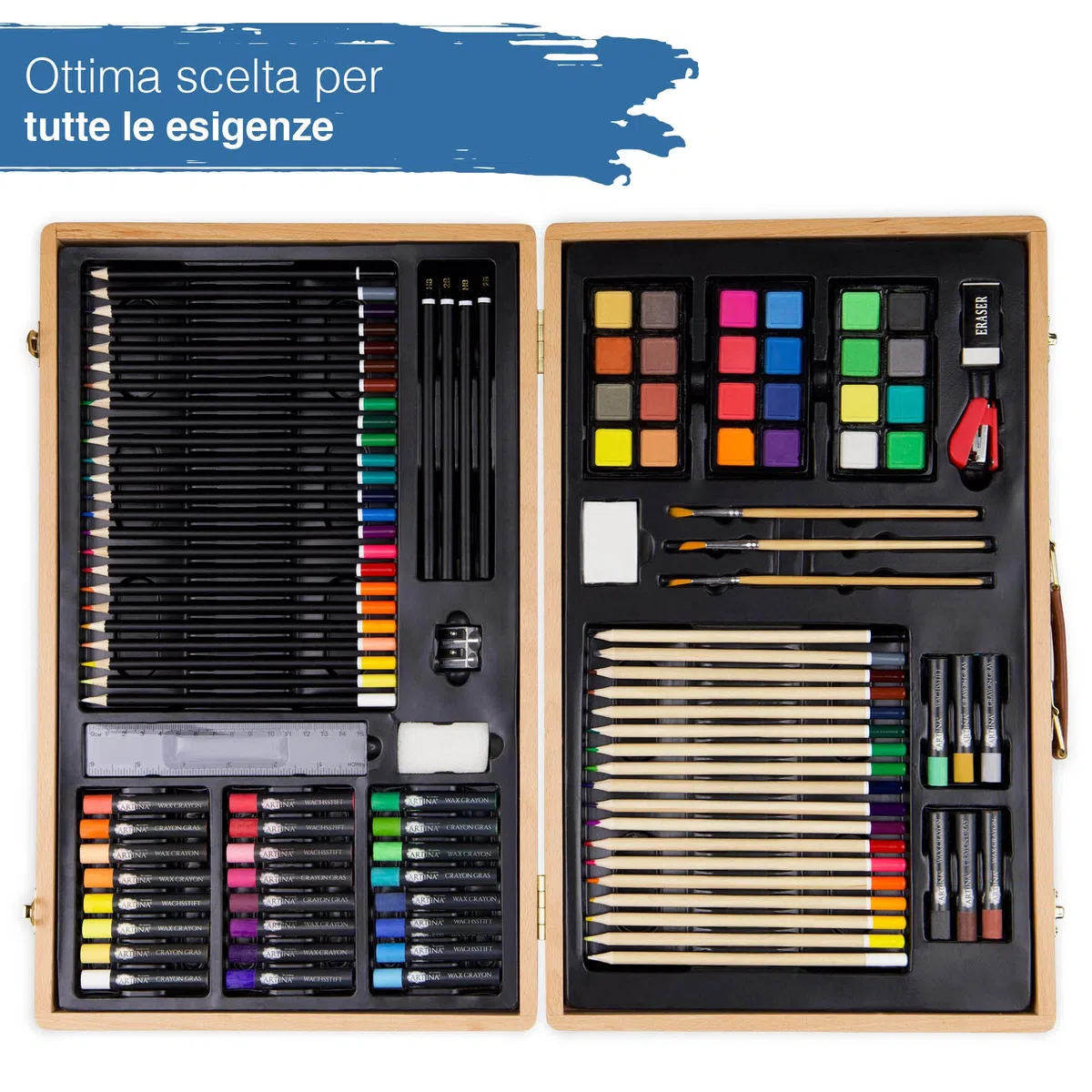 Artina 89 Pezzi Set Pittura con Valigetta in Legno – Matite, Colori a Cera, Acquerelli, Pennelli – Kit Pittura per Bambini e Adulti – Set per Dipingere Bambini Artistico e Regalo di Natale – Genova