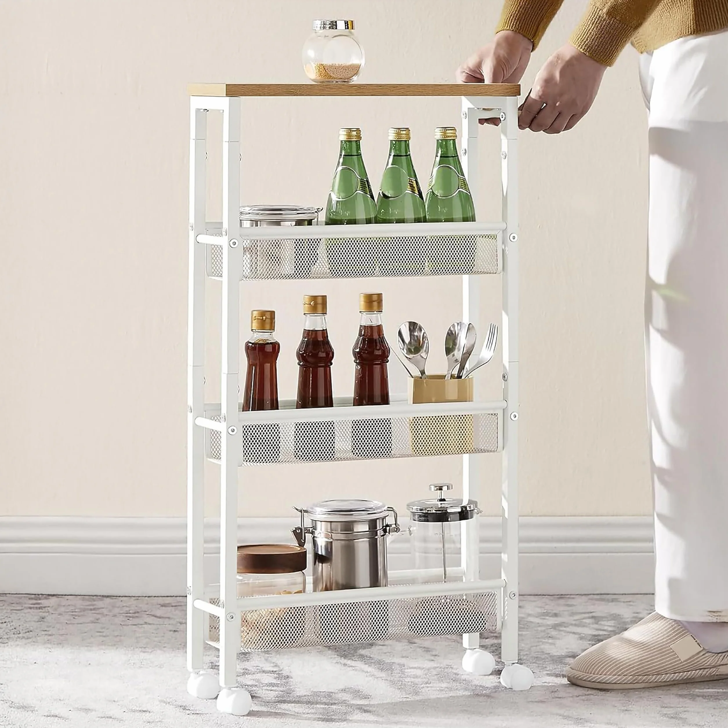 Relaxdays Carrello nicchia in Metallo Effetto Legno/Bianco, 4 Ripiani, salvaspazio Bagno/Cucina, 77x13x45 cm