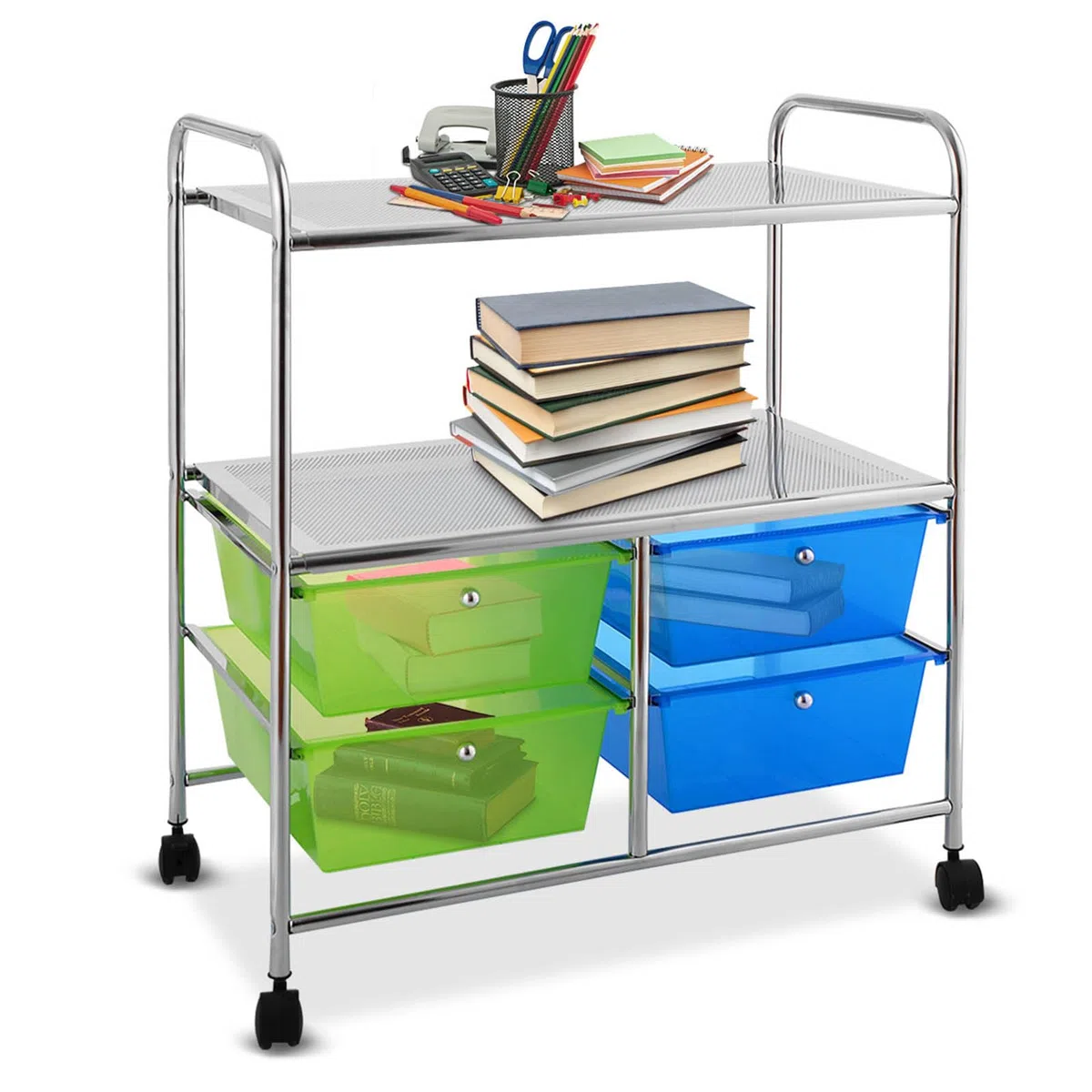 COSTWAY Carrello con 4 Cassetti e 2 Ripiani, Carrello Portaoggetti con Ruote per Cucina Bagno Ufficio, Multiuso, 58,5x37x75 cm (Blu+Verde)