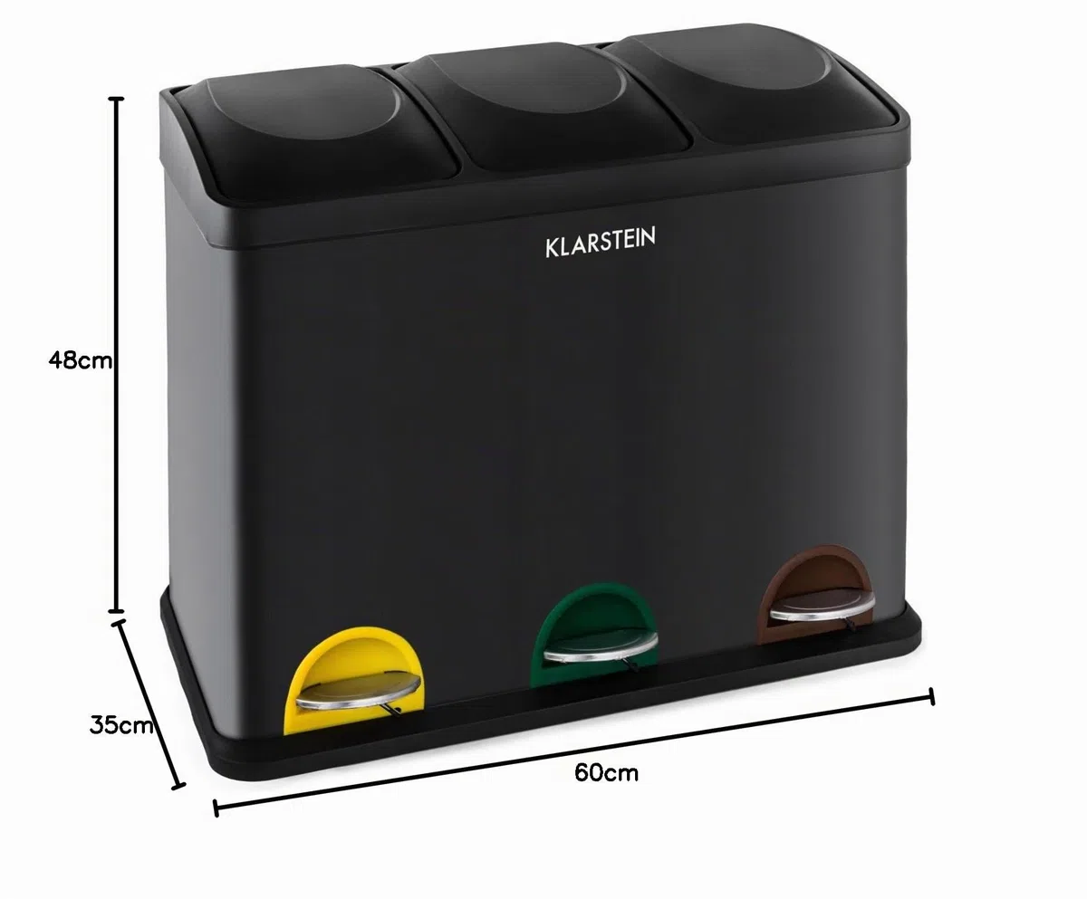 Klarstein Ökosystem - Pattumiera a Pedale, Cestino Per Raccolta Differenziata con 3 Secchi, 45 Litri di Volume, 3 Scomparti, Contrassegni Colorati, Acciao Inox, 45L (3 x 15 L), Nero