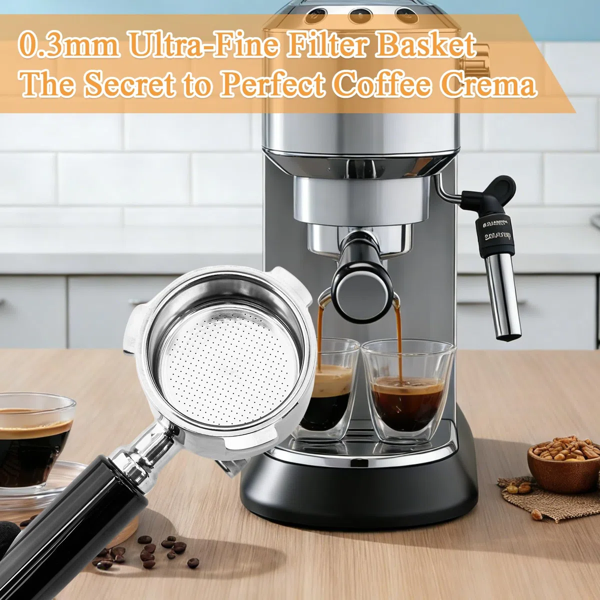 Portafiltro 51mm a 3 Orecchie con Doppio Beccuccio, Compatibile con Macchine da Caffè De'Longhi Dedica EC680 EC685 EC785 EC820 EC850 EC860, Manico in ABS Resistente