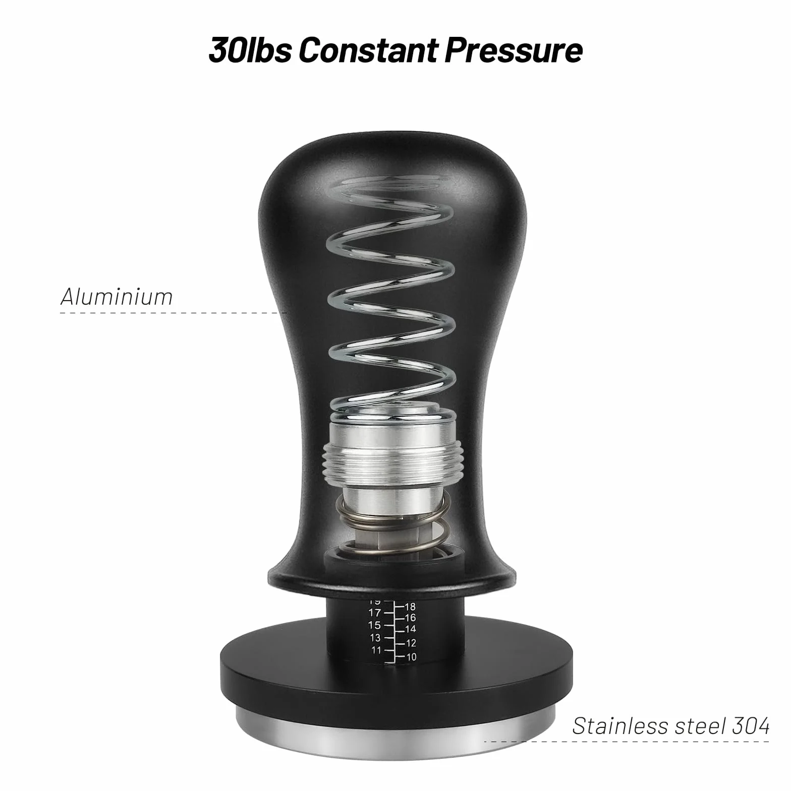 NOTSEK Pressino per caffè 54 mm, caricato a molla calibrato da 54 mm con pressione di contatto 13,6 kg, base ondulata in acciaio inossidabile 304, per portafiltro salvia, nero