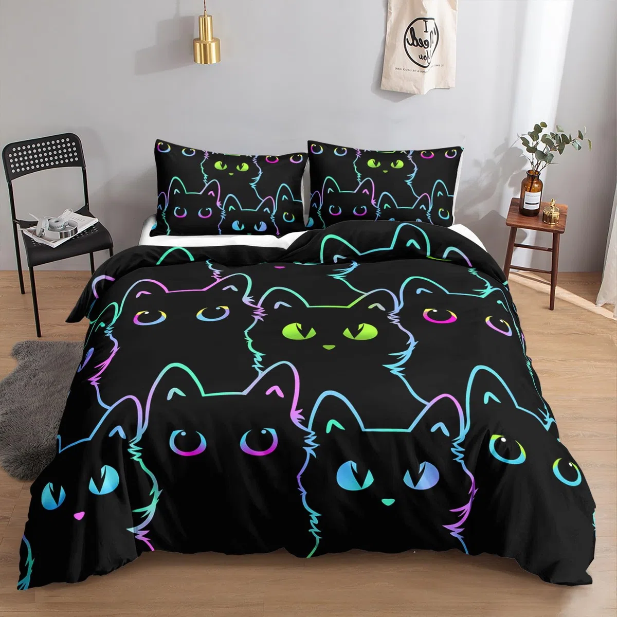 HOSIMA-Set Copripiumino Con Stampa Gatto Nero per Ragazze e Ragazzi Adulti, Copripiumino Con Stampa Gatto Nero Carino Con Federe per La Camera dei Bambini (Black Cat0 S)