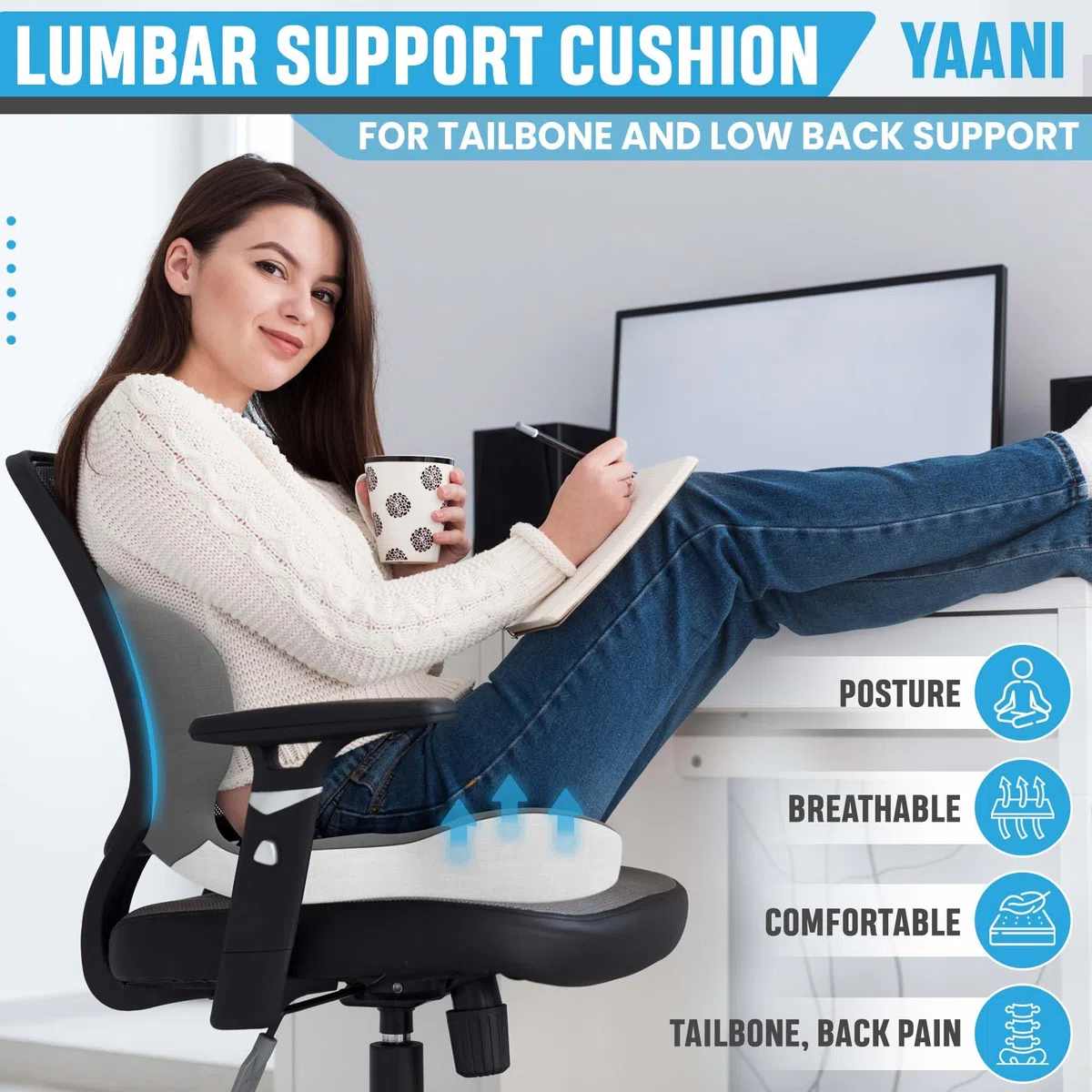 Grande cuscino per sedile in memory foam con supporto lombare per sciatica e sollievo dalla pressione del coccige, cuscinetto per coccige per sedia da ufficio, auto, sedia a rotelle, casa, ufficio