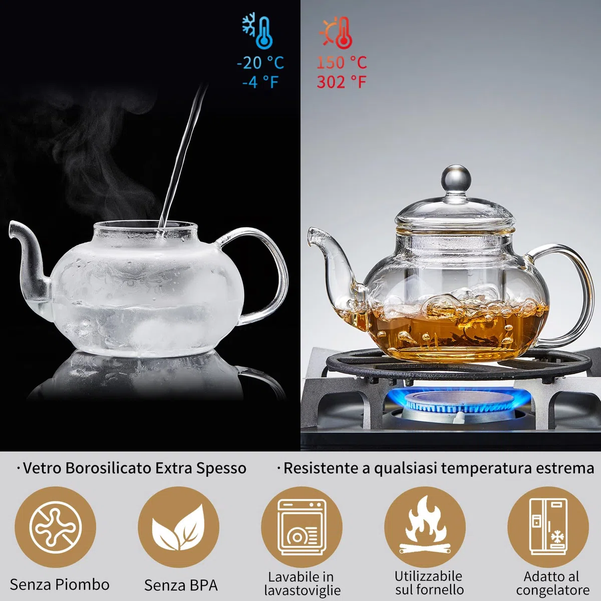 Teiera in vetro da 800ml, resistente al calore, con filtro in acciaio inox, ideale per tè sfusi, tè verde e tisane, adatta a fornelli e microonde