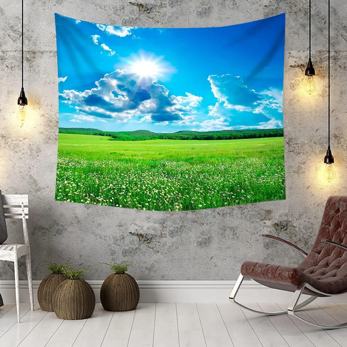 Homxi Arazzo Parete Camera da Letto 240 W x 220 H CM, Paesaggio di Prato e Sole, Poliestere Decorazione Parete, Blu Verde