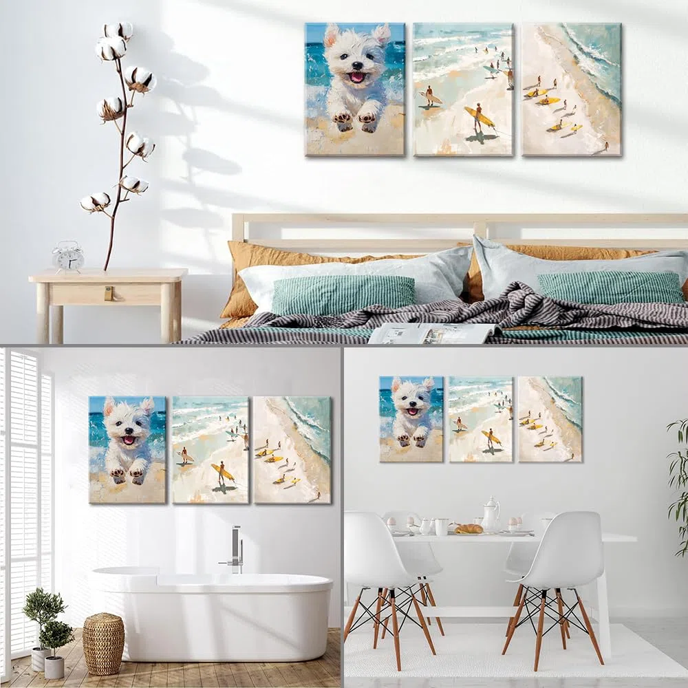 PIY PAINTING Costiero Quadri Moderni 3 Pz, Mare Quadri su Tela con Cornice, Spiaggia Stampe da Parete Intelaiate, quadretti da parete - Decorazione per soggiorno Camera da Letto Corridoio 30x40cm