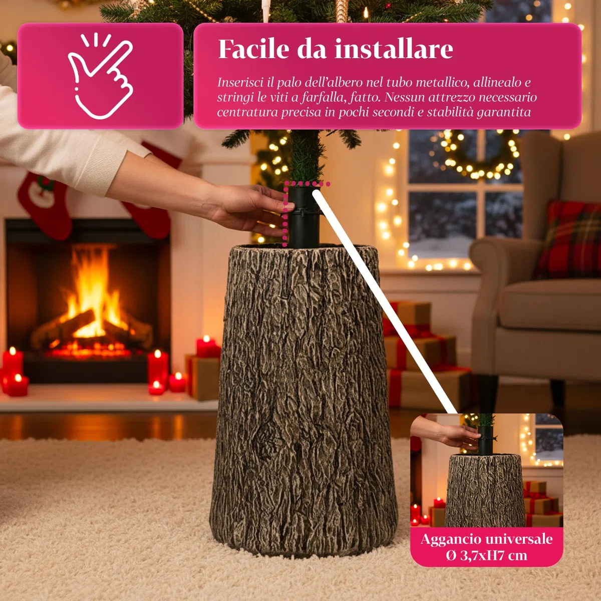 Avilia – Base Albero di Natale XXL da 52,5 cm a Forma di Tronco Effetto Legno Realistico, Ø Aggancio 3,7xH7 cm, Supporto Robusto e Decorativo per Alberi da 120 a 210 cm Stabili e Sicuri