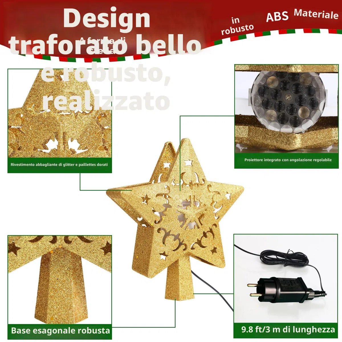 Puntale Stella Albero di Natale, Punta dell'Albero con Proiettore LED Rotante Incorporato, Tree Topper, Stella Albero Superiore, Cima dell'Albero a Stella Decorazione per l'albero di Natale