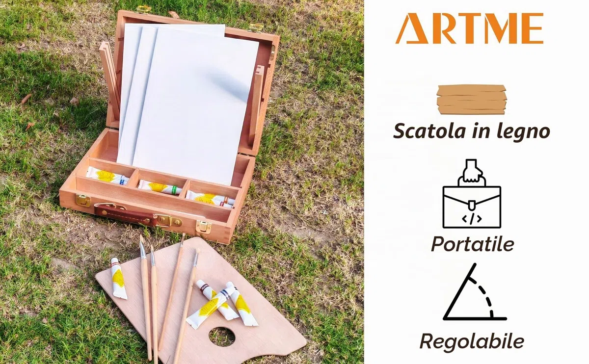 Artme Set in legno per pittura e cavalletto di qualità superiore con 23 pezzi-Cavalletto da tavola/ 3 pannelli/12 pittura acrilica/ 4 pennelli/matita/spatola in plastica/tavolozza in legno
