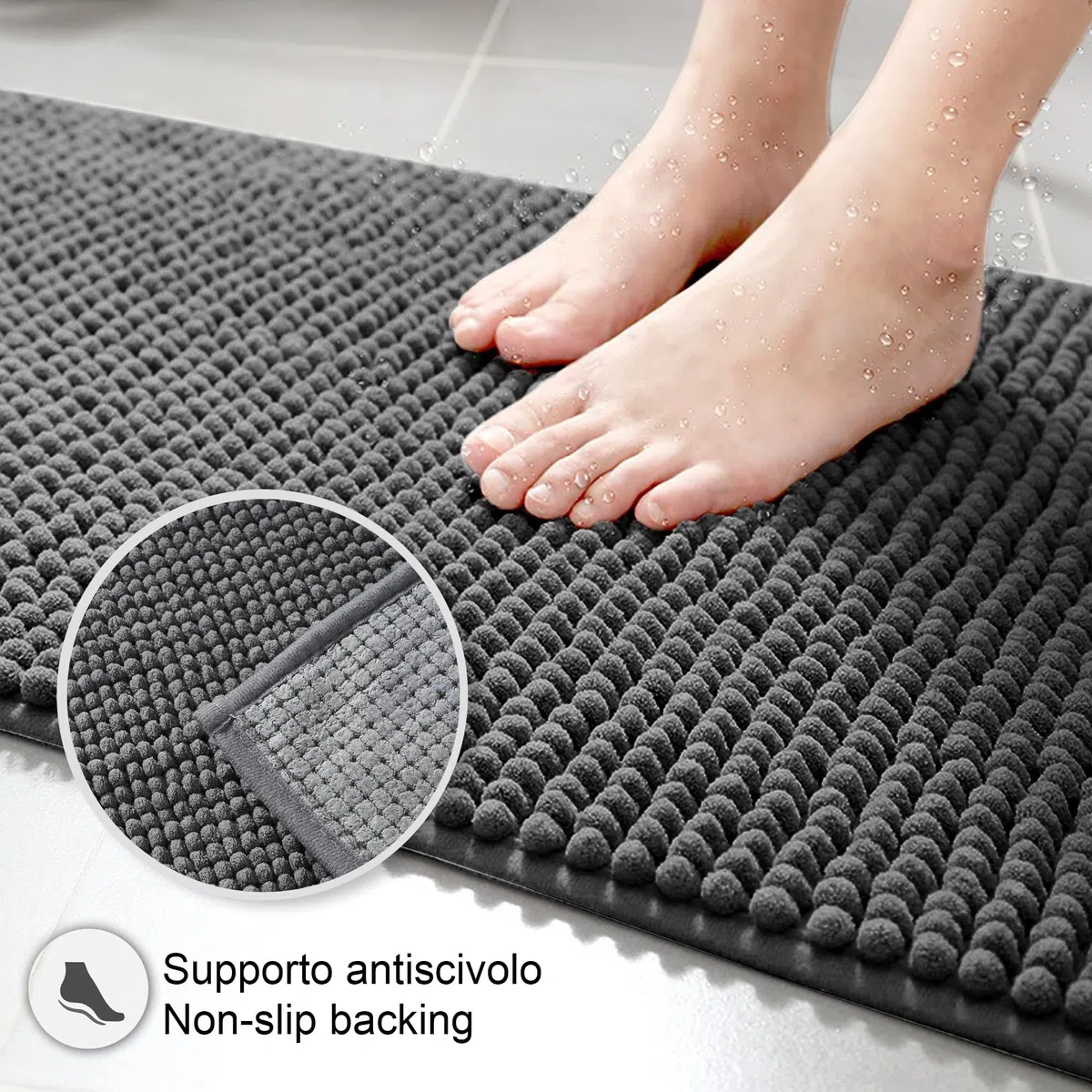 Decomira Tappeto Bagno Antiscivolo in Ciniglia | Tappetino bagno super assorbente, lavabile in lavatrice | Per il bagno, la doccia, la vasca da bagno o come tappetino WC | Antracite - 50x150 cm