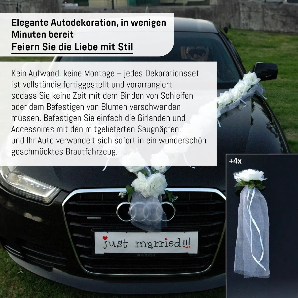 Autoschmuck - Due ghirlande di rose artificiali, decorazione per auto per matrimonio (bianco)