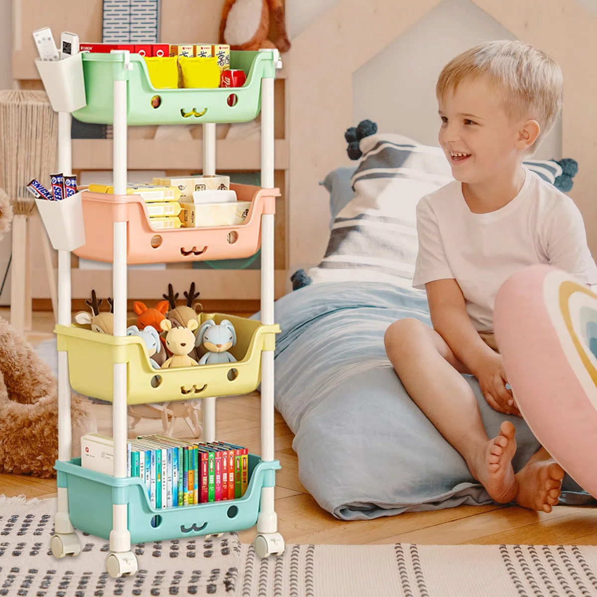 Organizzatore per giocattoli piccoli - Scaffale multilivello con ruote, grandi contenitori con ruote + accesso facilitato, in durevole + struttura rinforzata, per camerette dei bambini, sala