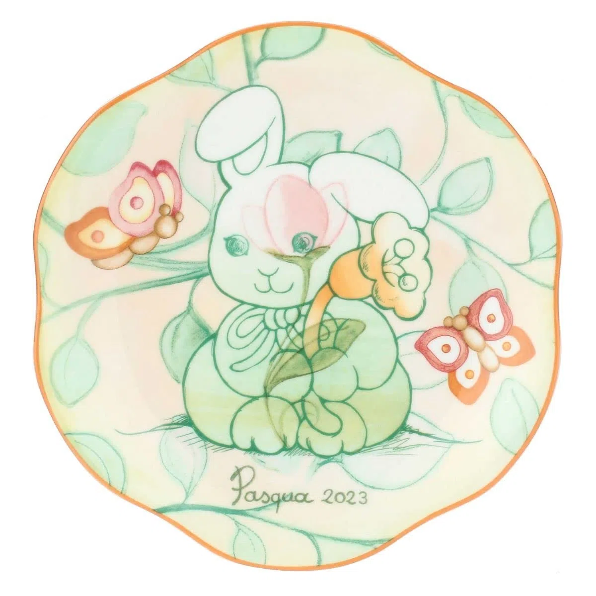 THUN Pasqua Limited Edition 2023, Piattino da Dessert in Porcellana Decorata a Mano, Linea Pasqua Favolosa, 21x20x1.5 cm h