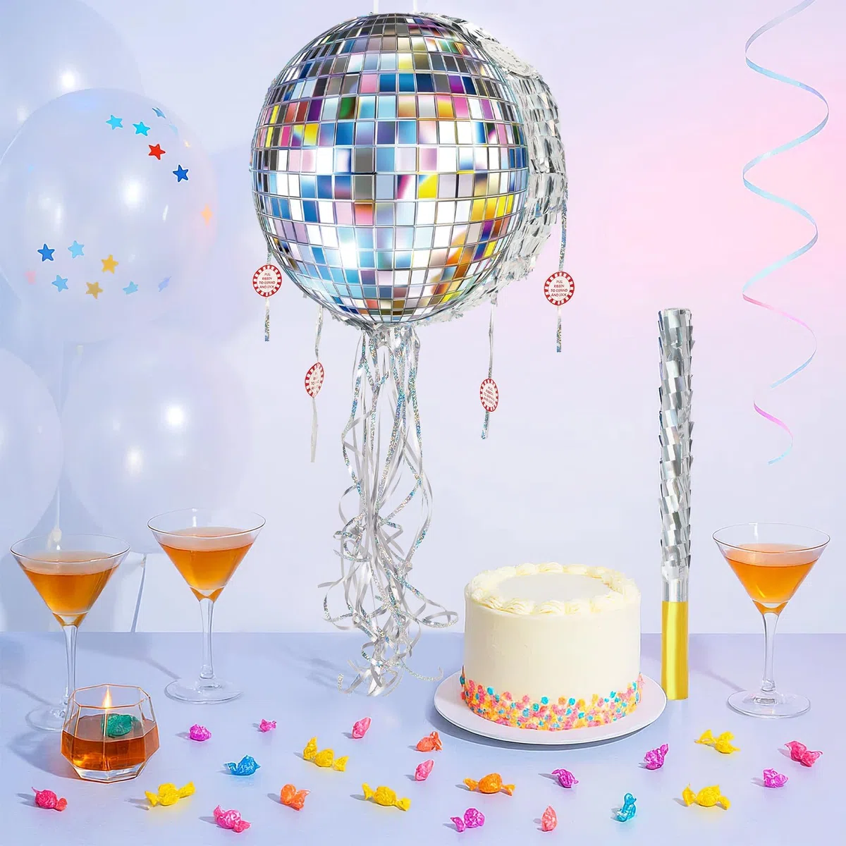 WERNNSAI Pignatta a forma di Palla da Disco - Mini Pignatta da Disco con Benda, Bastoncino e Nastri da Tirare per Decorazione di Festa di Danza Retrò Anni 80 e 90, Forniture per Compleanno per Bambini