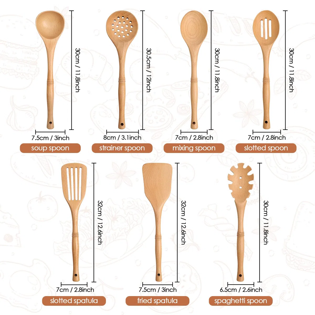 comfoyar Utensili da Cucina Set, 7 Pezzi Cucchiai di Legno per Cucinare Set con Spatola e Ladle, Resistente al Calore Mestoli in Legno per Pan Antiaderente-Faggio