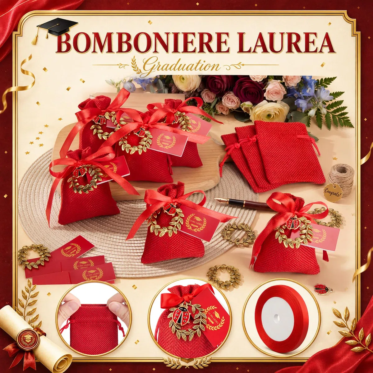 BBTO 60 Sets Souvenir Bomboniere Laurea Include Rosso Sacchetti di Juta Ciondolo a Forma di Corona d'Alloro Ciondoli Coccinella Biglietti di Auguri e Nastro Rosso Regalo di Laurea per Festa