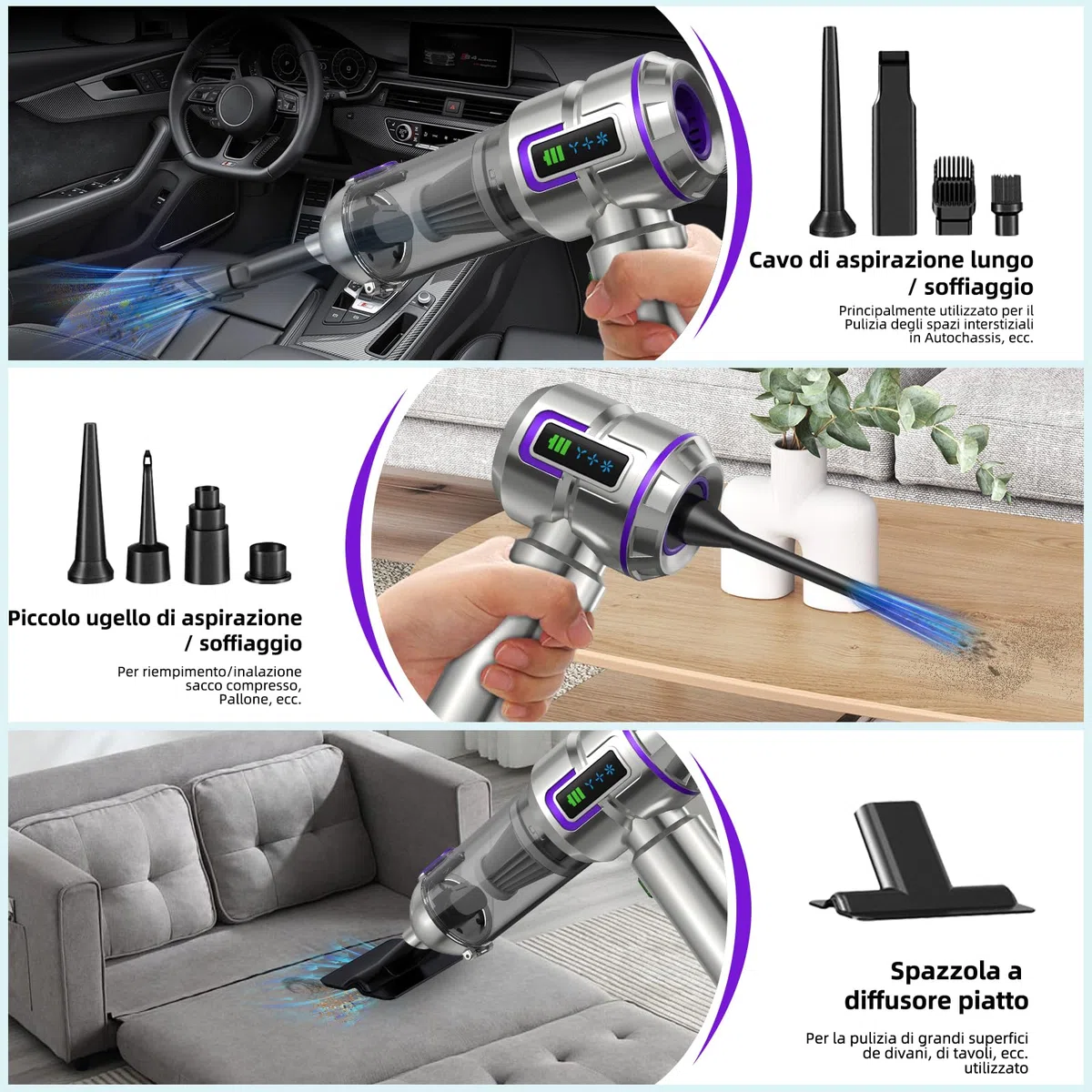 Aspirabriciole Senza Fili, 25000Pa 4-in-1 Aspirapolvere Auto Cordless con Schermo, One-Touch Dust Dump con 3 Velocità Motore Brushless, Mini Aspirapolvere per Casa, Ufficio, Auto, Capelli, Argento