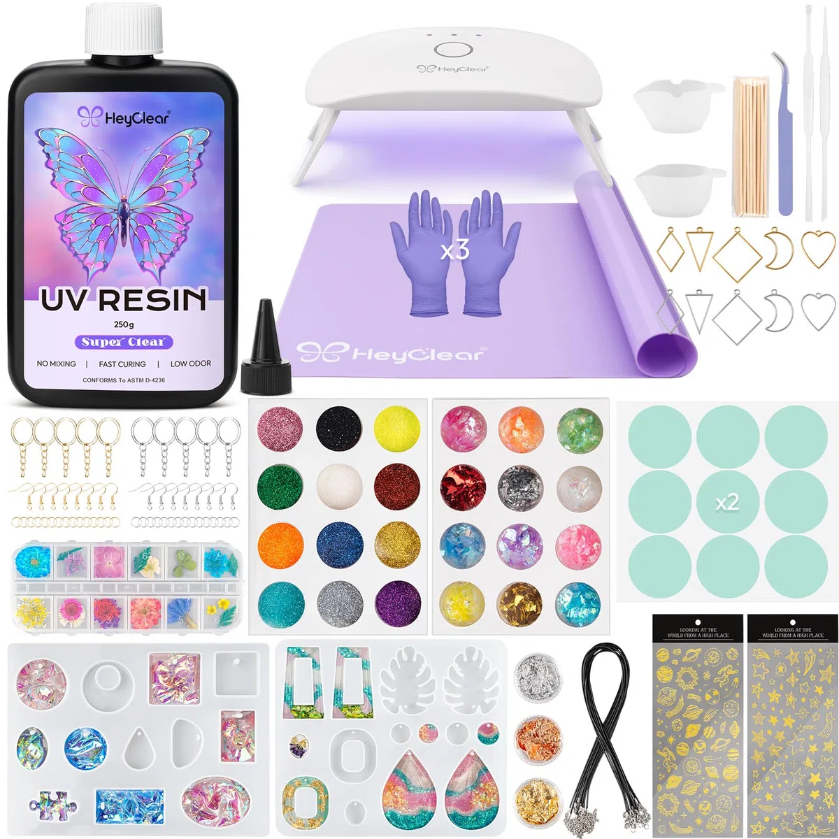 HeyClear Kit Resina UV con Lampada UV - 250g Resina UV Trasparente e Dura, per Principianti di Resina UV, UV Resin per Gioielli, Stampi e Fai-da-te