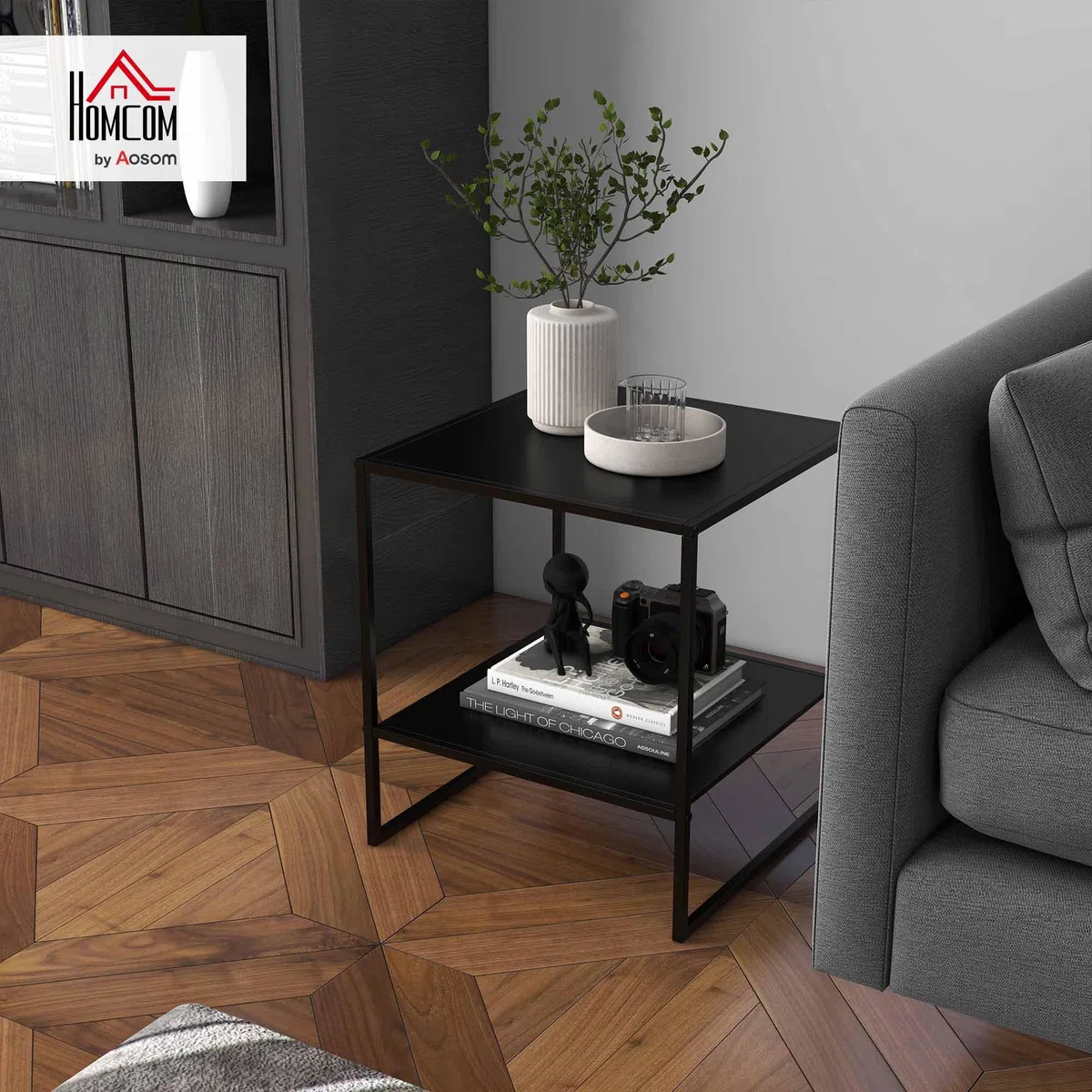 HOMCOM Tavolino da Salotto in Stile Industriale a 2 Ripiani, Comodino Moderno in Acciaio 40x40x45cm, Nero