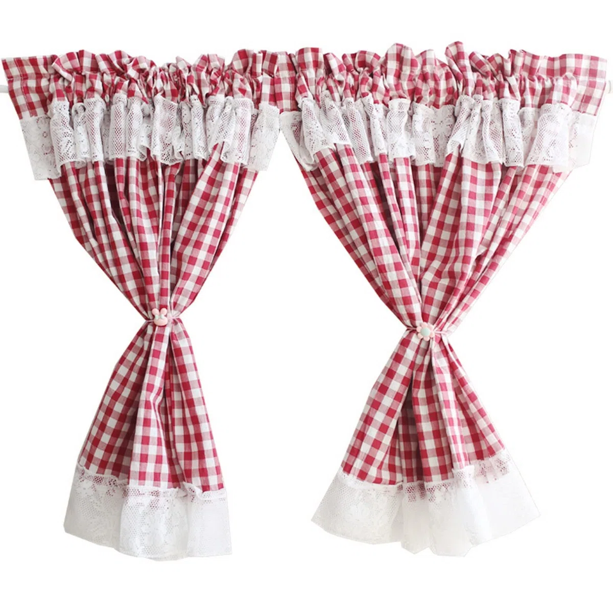 A.Monamour Agriturismo - Tenda da cucina in cotone opaco, motivo a quadretti, con motivo a quadretti, con pizzo bianco, per camera da letto, caffetteria, armadio, porta, 2 tende
