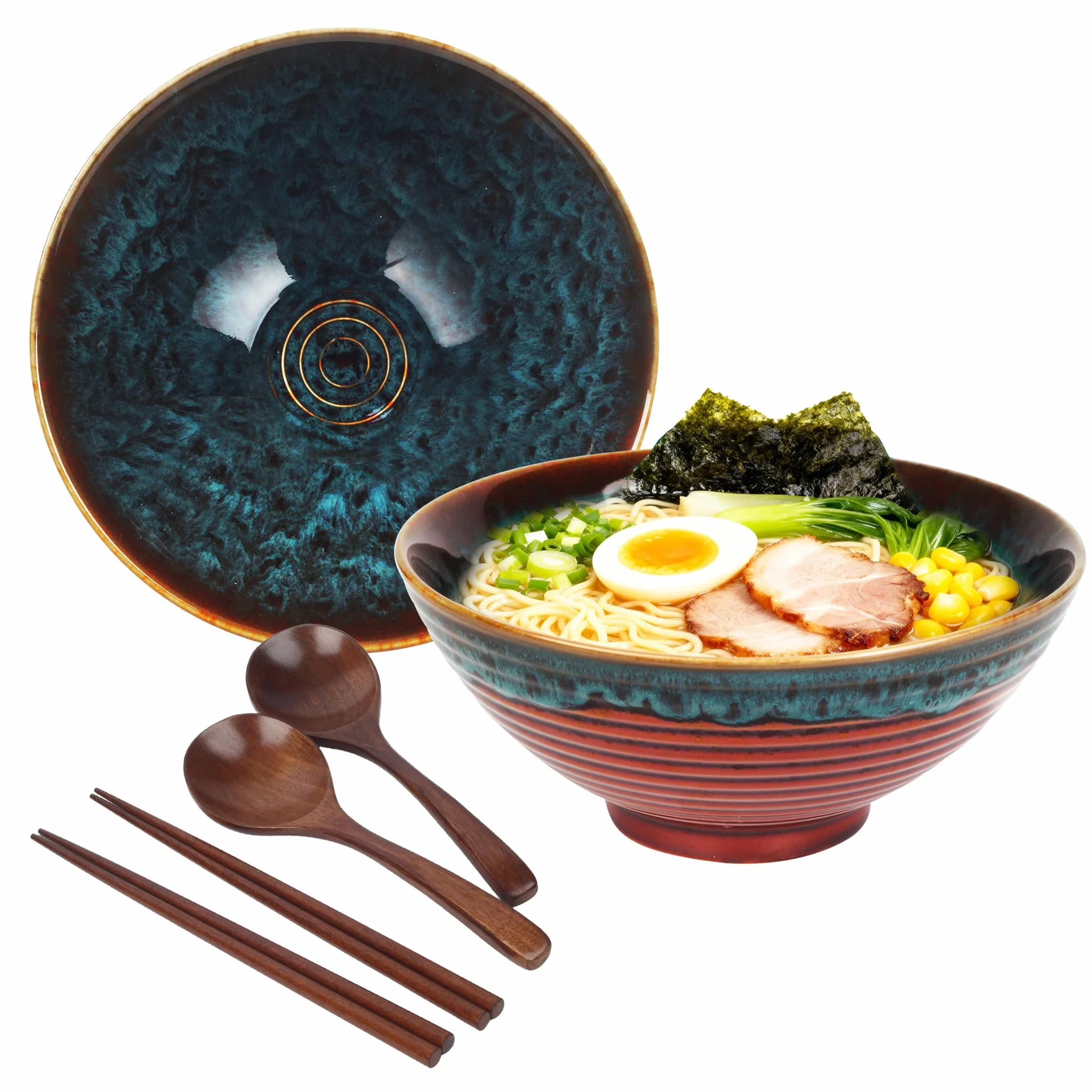 JIYANA 2 x 1200ml Ciotola Ramen in Ceramica con Bacchette e Cucchiai, Ciotole Ramen Giapponesi 20cm, Ramen Bowl Set per Ramen e Noodles, Ciotole Ceramica Bowl per Casa Uso Quotidiano