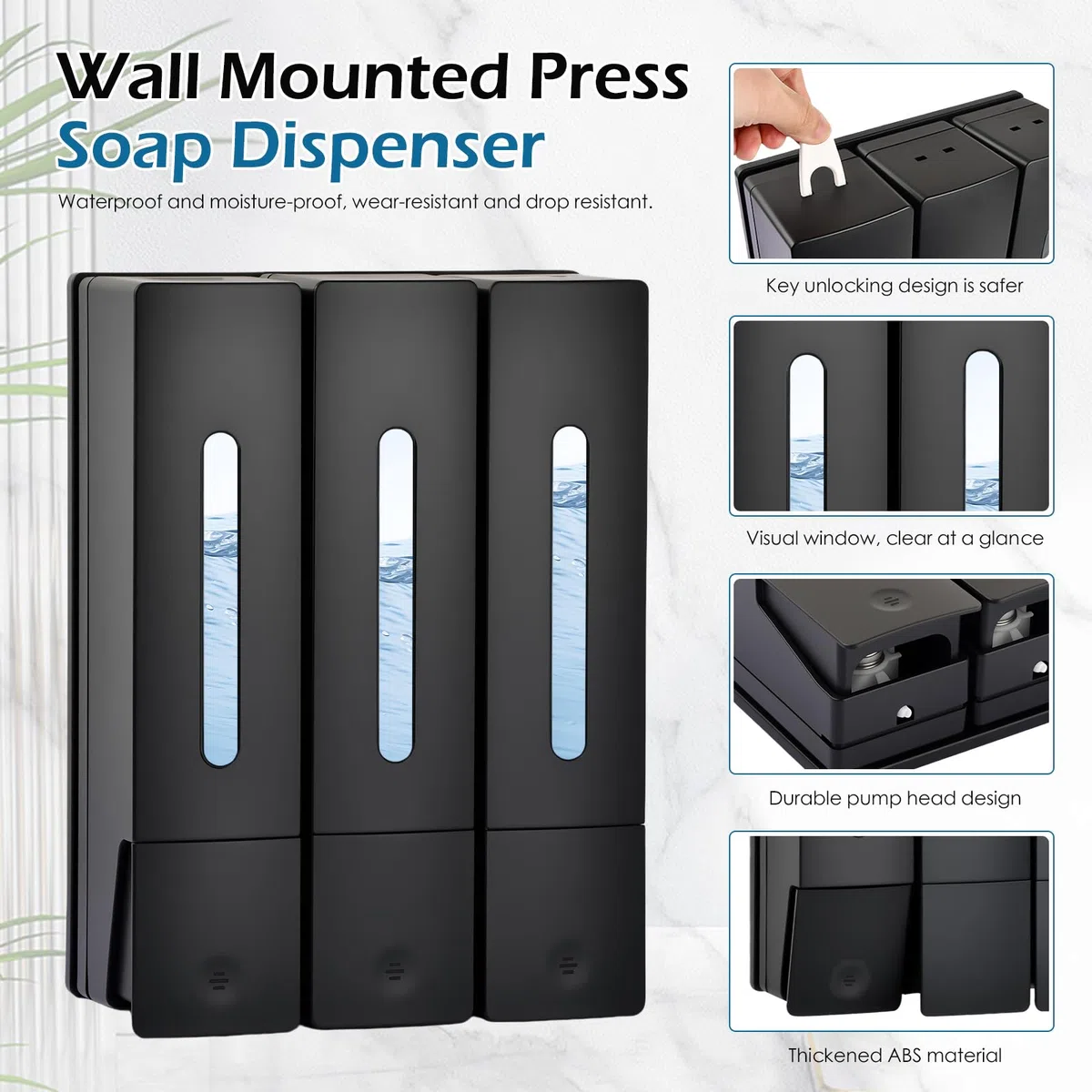 Dispenser Doccia Muro, Dosatore Sapone Bagno a Parete 400ML, Dispenser Shampoo e Bagnoschiuma Adesivo, Senza Foratura per Gel Doccia Cucine Bagni, Nero (3 Camere)