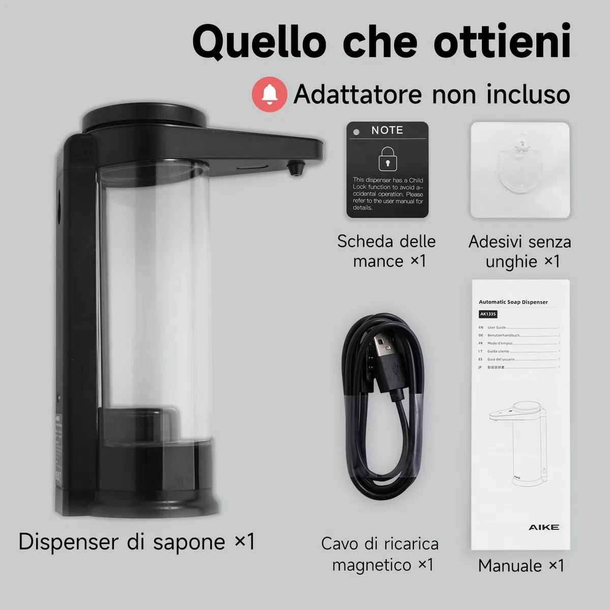AIKE 500ml Dispenser di Sapone Automatico Ricaricabile, Dispenser di Sapone Liquido per Cucina con Ricarica USB Parete o da Tavolo con Uscita Regolabile