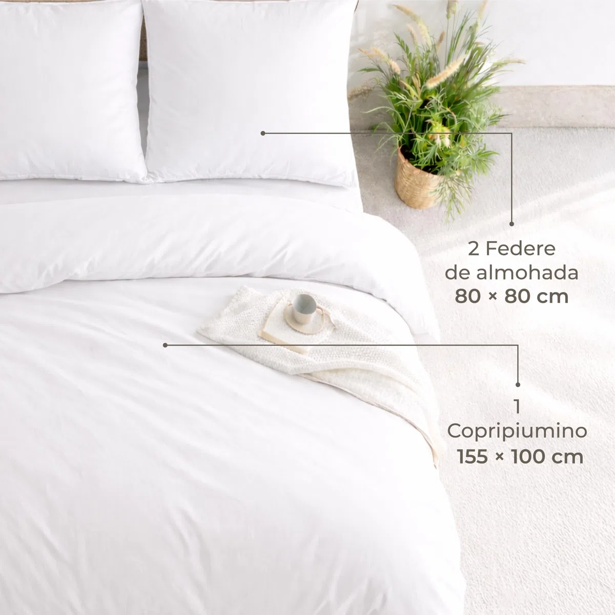Dreamzie Copripiumino da 3 Pezzi - Copripiumino Una Piazza e Mezza 155x220 cm, Federe 80x80 cm (x2) - Bianco