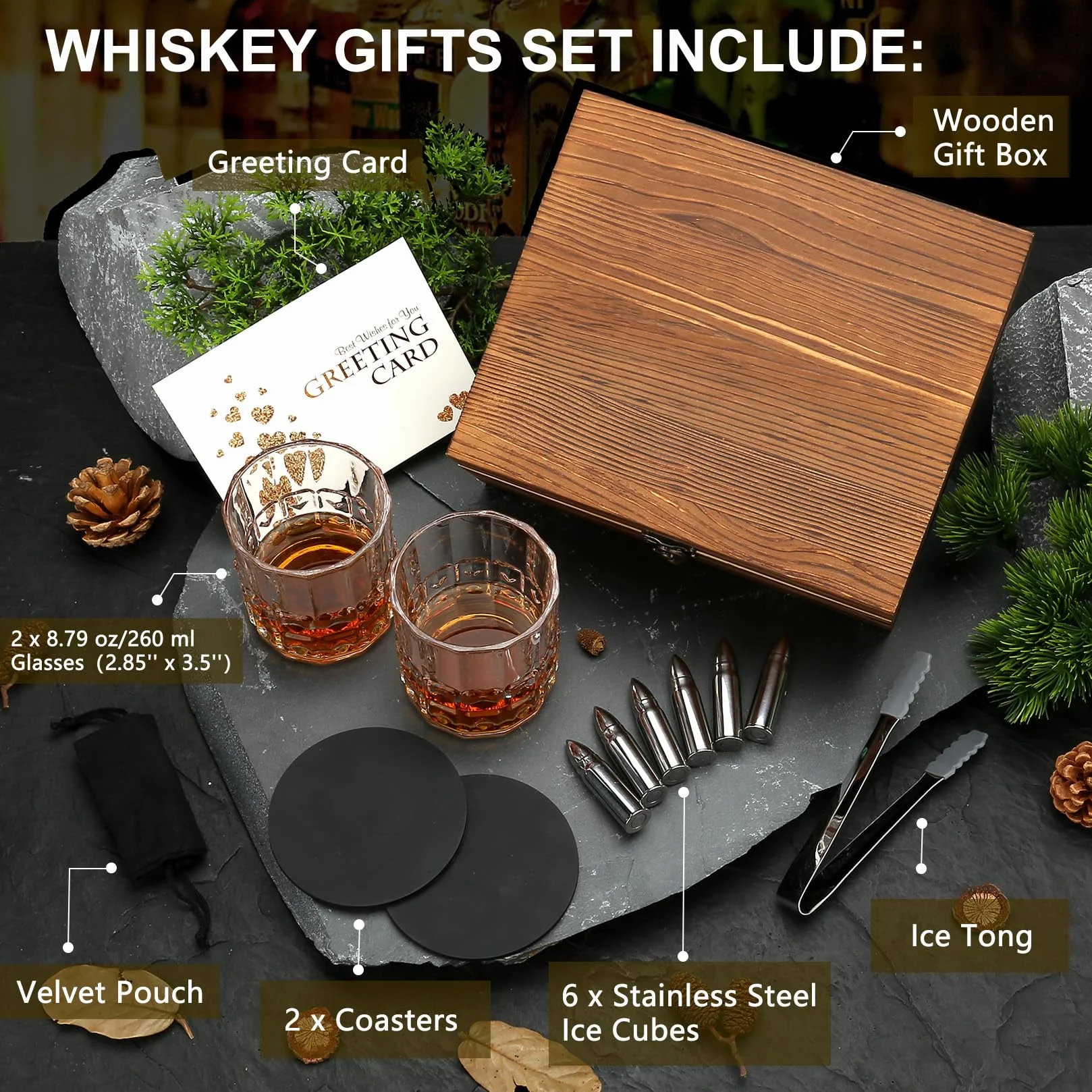 Sovyime Set Bicchieri Whisky - 2 Bicchieri, 6 Pietre, Regalo Uomo Per Compleanno, Natale - Idea Regalo Per Papà, Marito