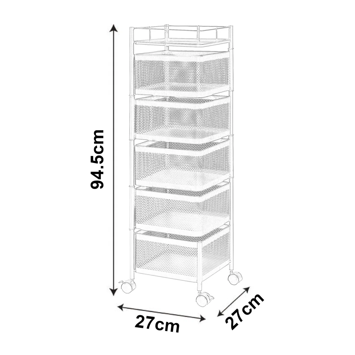 [en.casa] Carrello da Stoccaggio Organizzatore con 5 Cestelli Girevoli e Piano con Barra Anticaduta Mobile Multiuso in Acciaio a 4 Rotelle per Cucina Ufficio Bagno - Nero