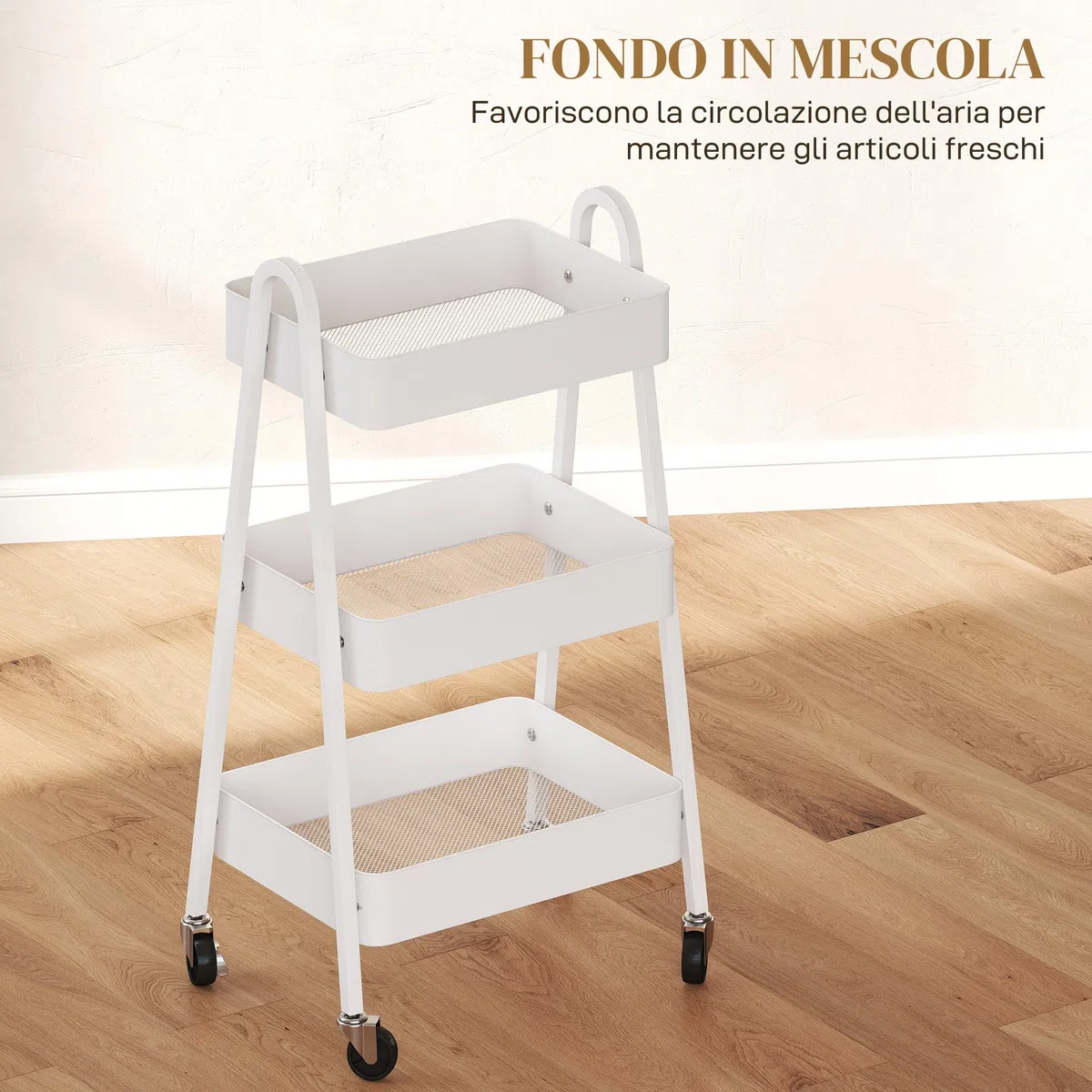 HOMCOM Carrello da Cucina a 3 Livelli con Ruote Girevoli e Maniglie, Carrello Portaoggetti Multiuso con Freni per Salotto, Soggiorno e Bagno, 42.4x29.8x74.5 cm, Bianco