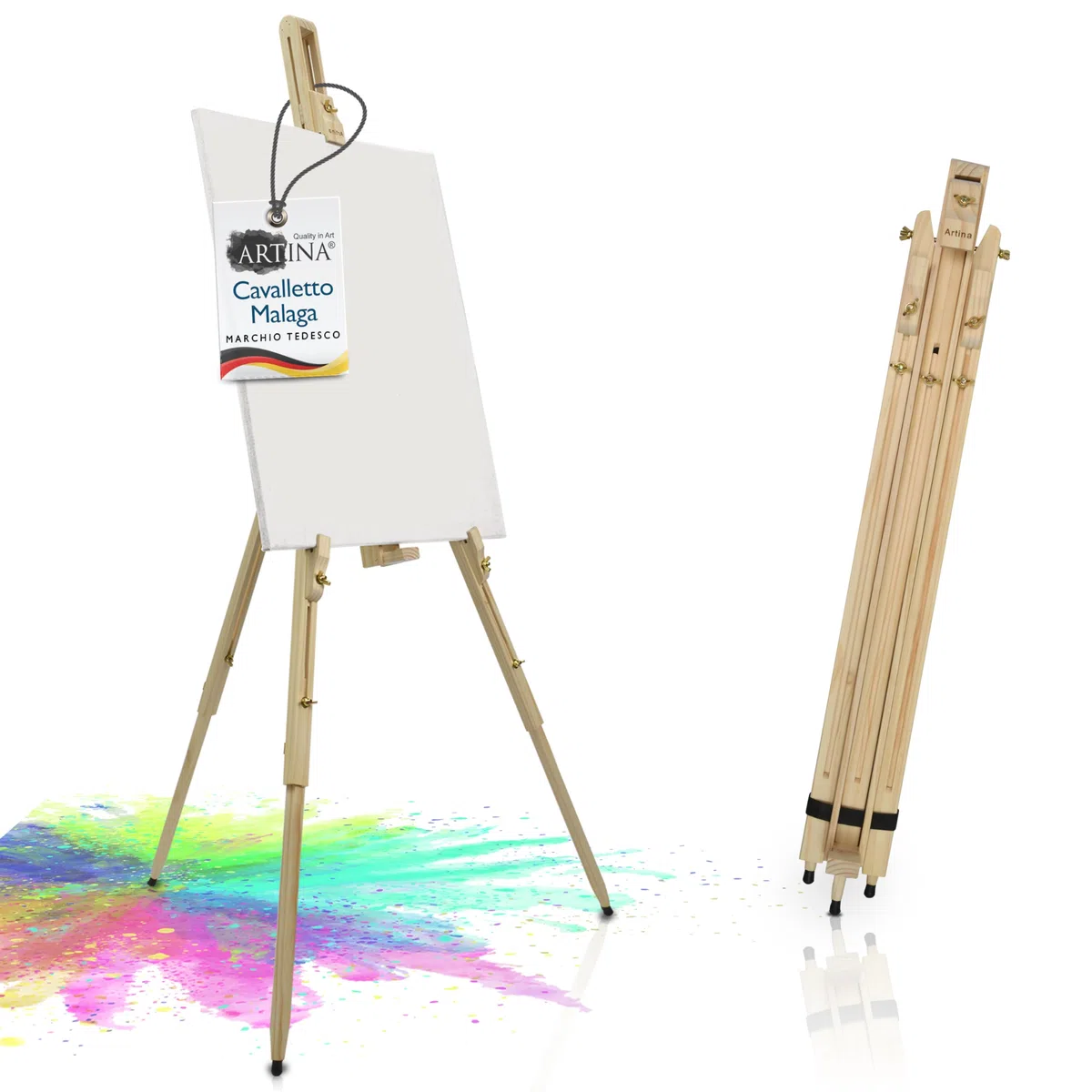 Artina Cavalletto Pittura da Campagna Malaga per artisti pittori Accademia Belle Arti Legno massello di Pino Portatile Stabile e Robusto - Cavalletto per dipingere e disegnare Professionale da Studio