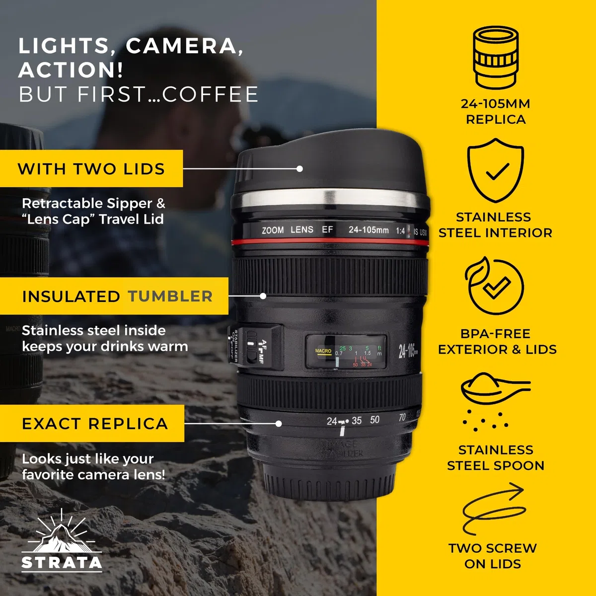 STRATA CUPS Tazza Teleobiettivo da Viaggio 400 ml + 2 COPERCHI + CUCCHIAIO - Mug Termica per Caffè in Acciaio Inossidabile a Forma di Obiettivo di Fotocamera Reflex, Regalo Originale per Fotografo