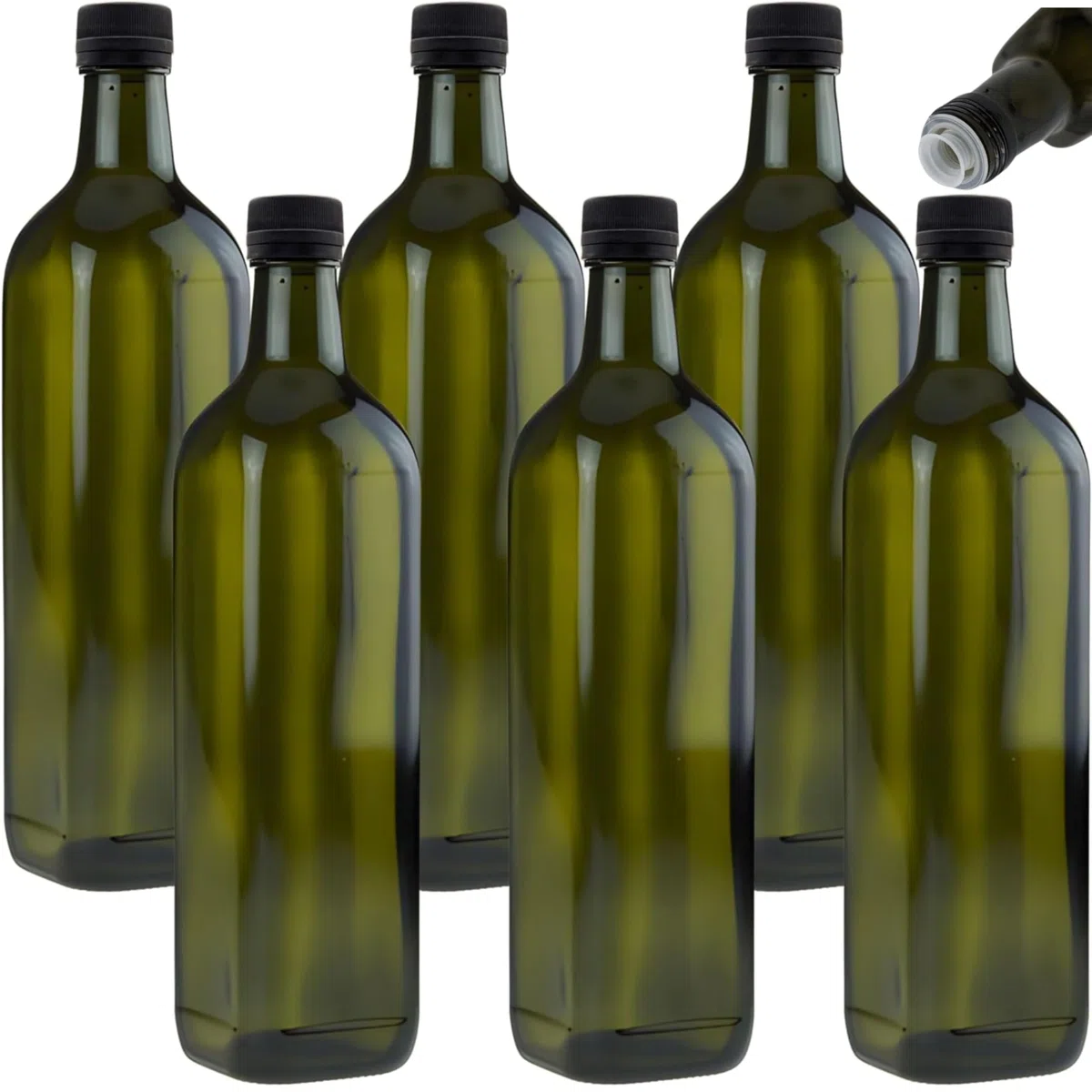 mikken 6 x bottiglie di olio da 750 ml con erogatore verde/marrone con dosatore ed etichette