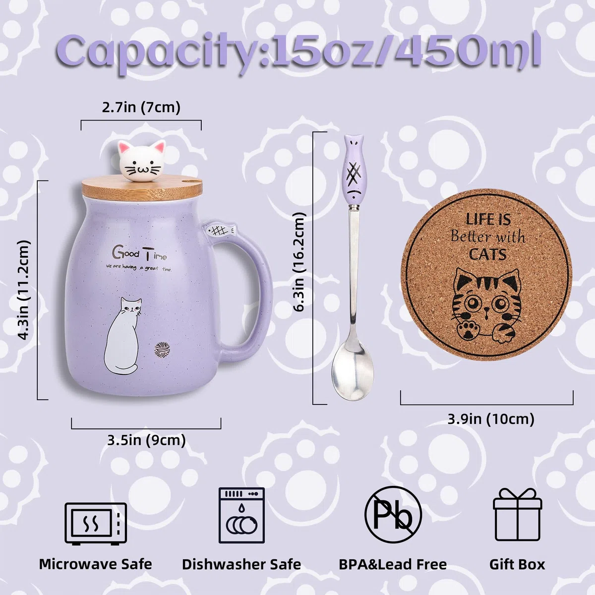 Tazze per gatti Set di 2 Tazza da tè gatto carino Tazza da caffè in ceramica con coperchio e cucchiaio Kawaii Tazze carine per le donne 500ml Natale Compleanno Tazza regalo per gatti (Viola e rosa)