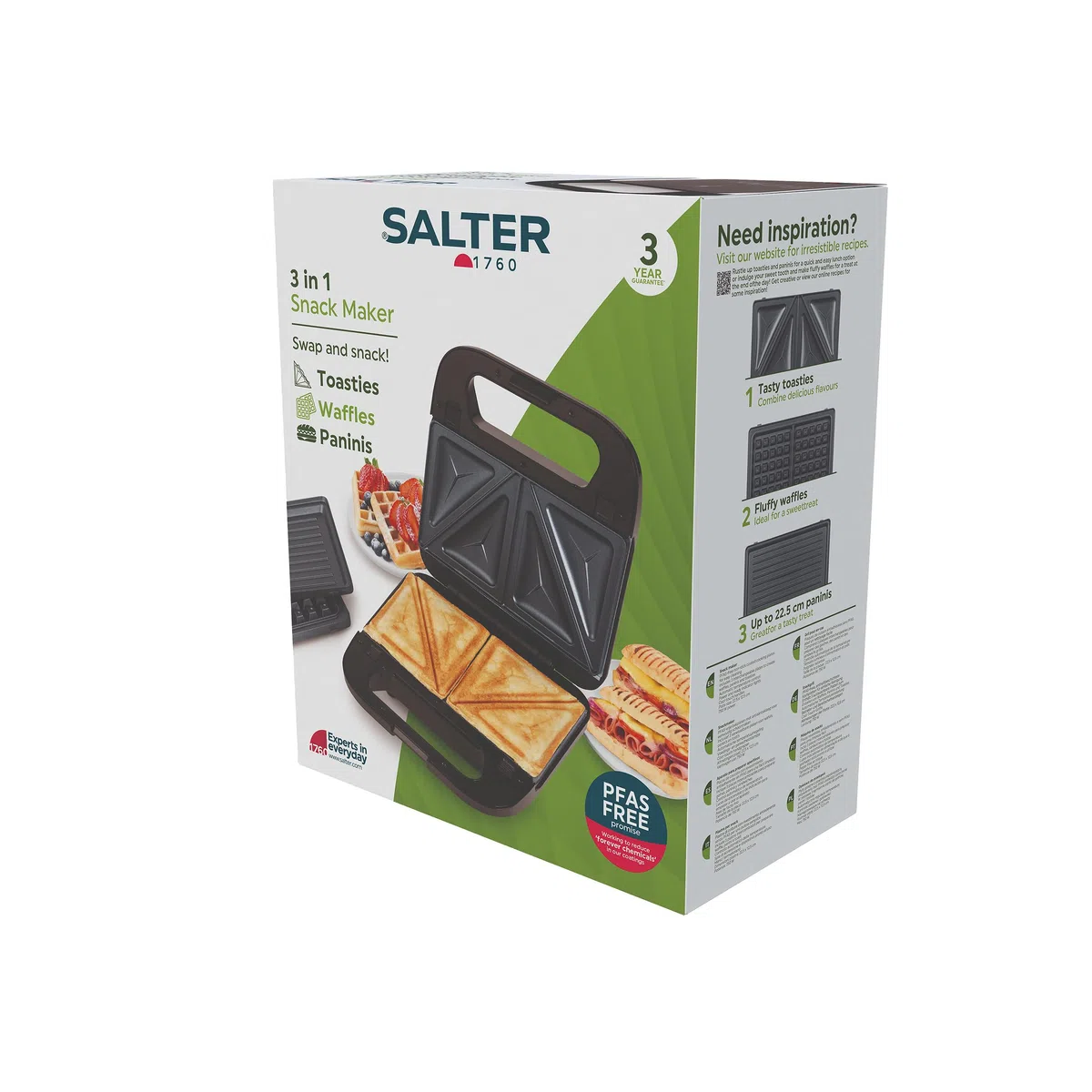 Salter 3-in-1 Snack Maker - Toast, Waffle, Panini, Piastre Antiaderenti Amovibili Senza PFAS, Controllo Automatico della Temperatura, Spie di Alimentazione/Pronto, 750 W