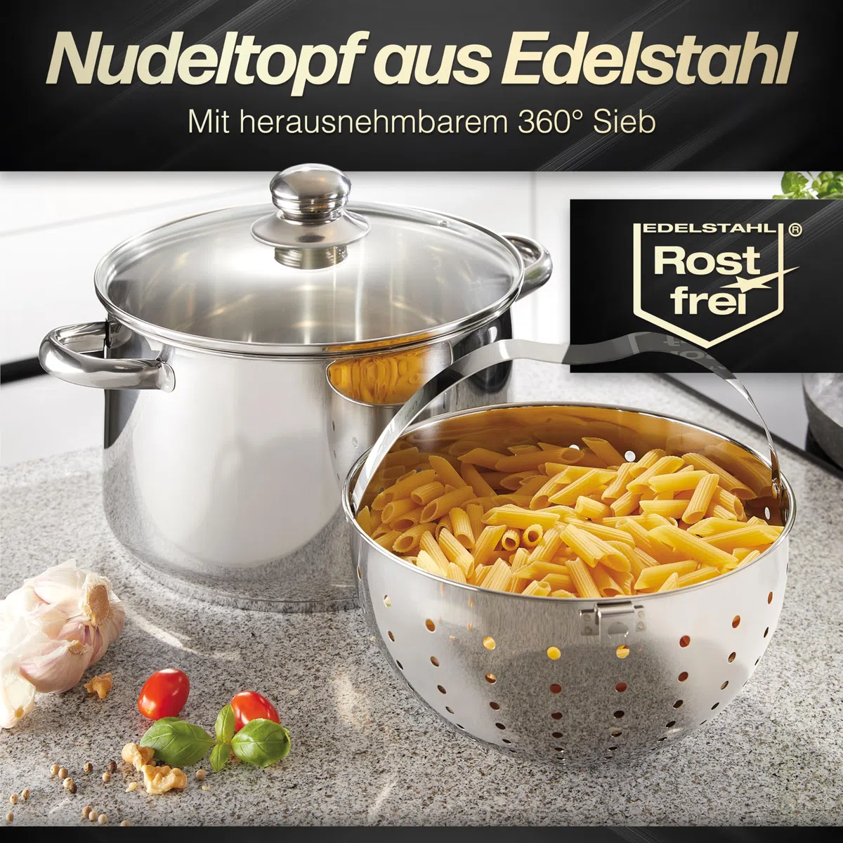BEYOND Casseruola in Acciaio Inox con Cestello Scolapasta Estraibile e Coperchio in Vetro