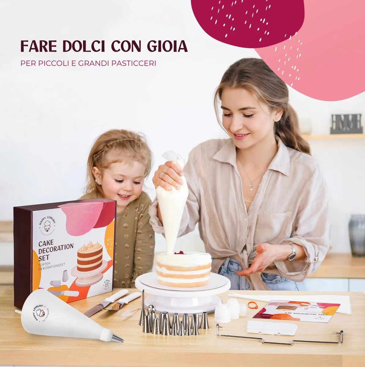 Kit Decorazione Torte con beccucci Inox e sac à Poche | con Anello Regolabile e Piatto Girevole - per Principianti ed esperti