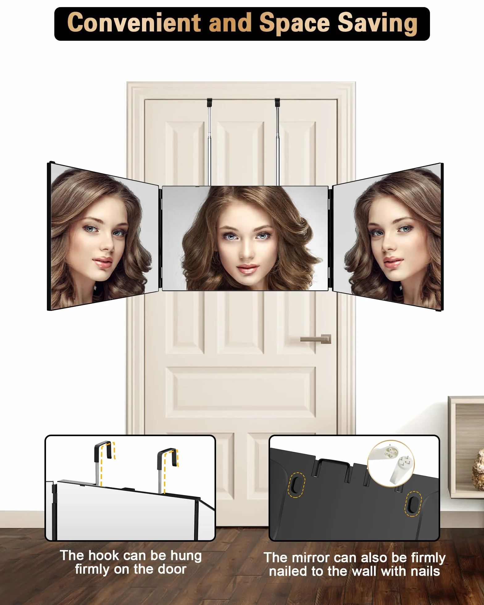 JUSRON Specchio Trucco a 3 Vie, Portatile Specchio a 360 Gradi Capelli, Specchio Makeup a 3 facce Regolabile in Altezza con Gancio Telescopico, Regalo Compleanno Ideale per Donne/Uomini(senza LED)