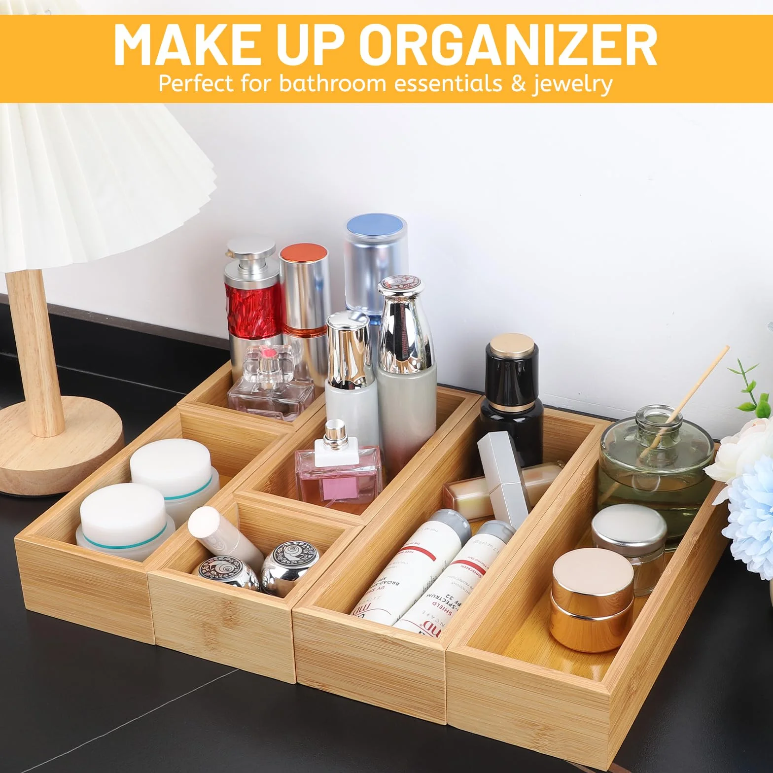 DBREAKS Set di 6 Organizer per Cassetti in Bambù, Organizer Multiuso in Legno, Impilabile, Per Cosmetici, Cucina, Bagno o Ufficio ogn (Naturale)