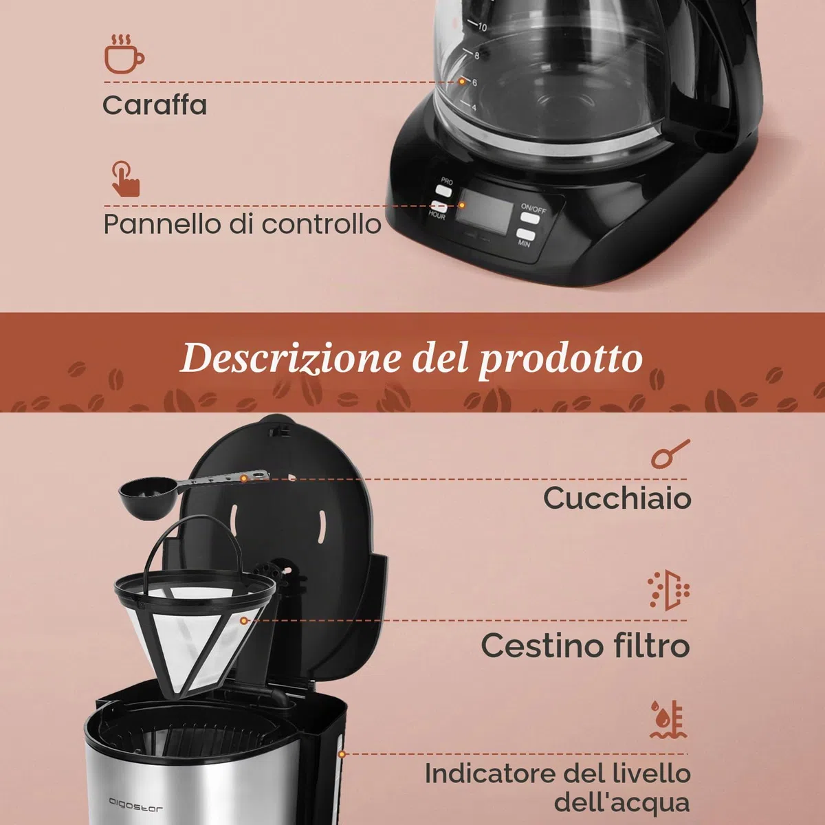 Aigostar Benno - Macchina da caffè americano e tè da 800 W con filtro riutilizzabile e piastra riscaldante, macchina caffe con mantenimento calore, capacità 1,5 L, timer 24 ore, sistema antigoccia