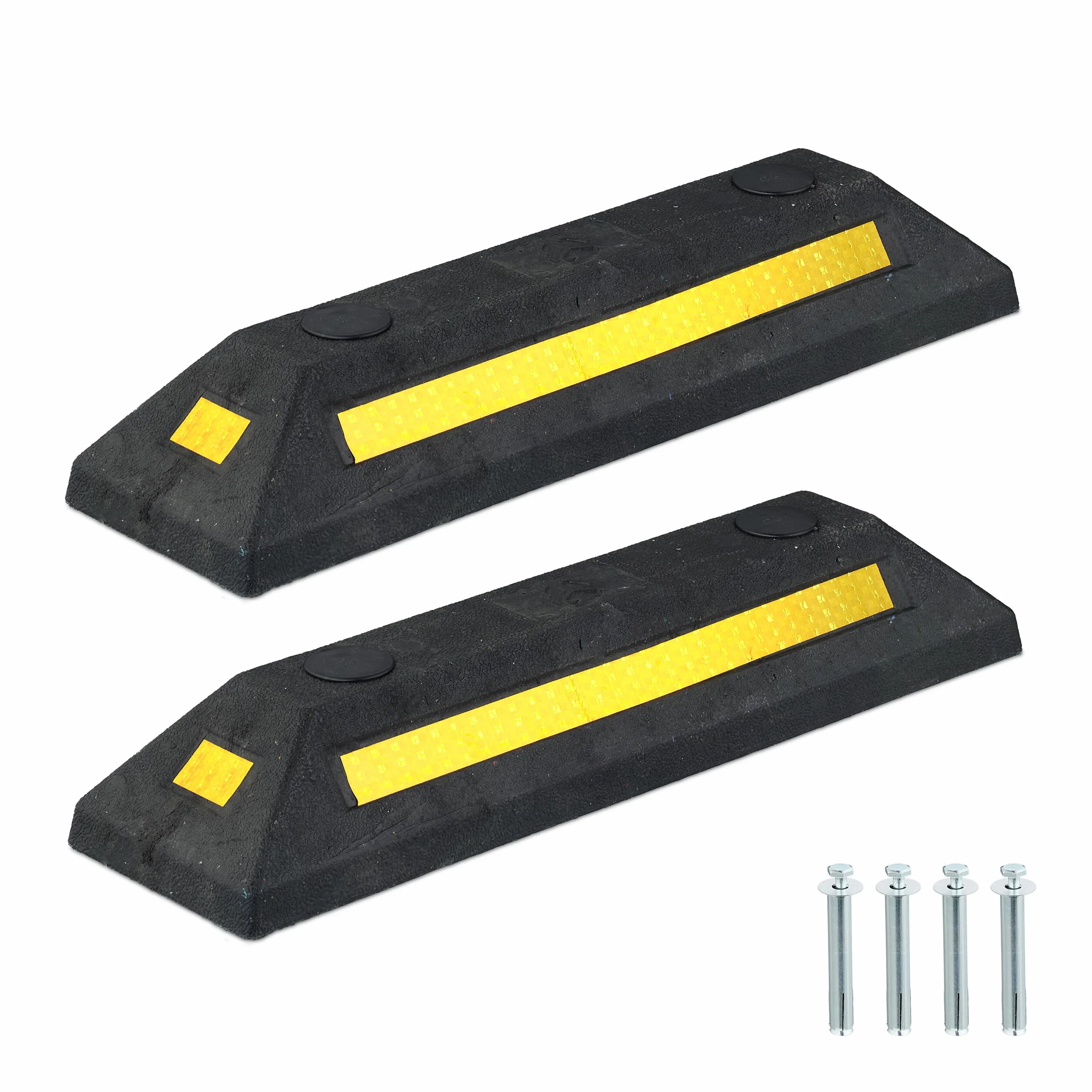 Relaxdays Fermaruota Garage, Set 2 Cunei Paracolpi Ferma Ruote Parcheggio Auto e Moto, HLP: 8,5x53x14,5 cm, Nero Giallo